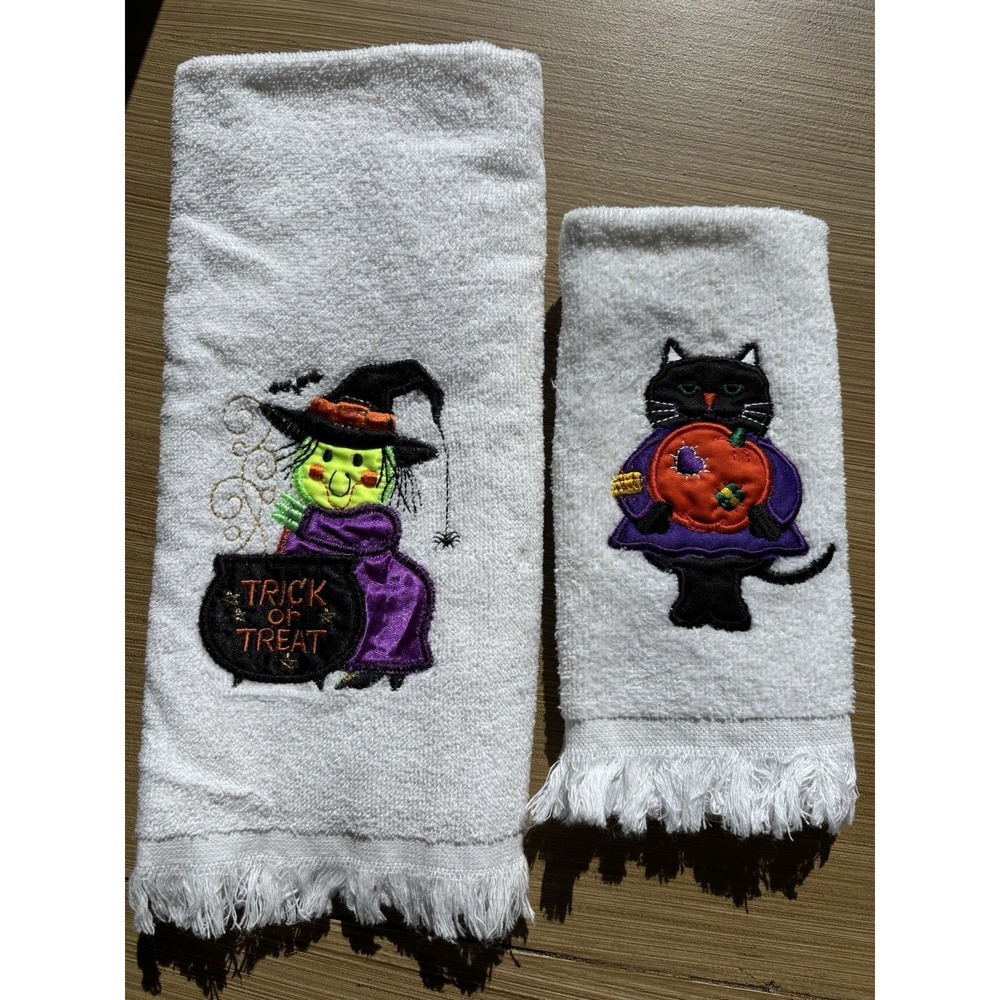 Vintage 2 Towel Set Halloween Witch Hand Towel And Black Cat Fingertip Towel GUC